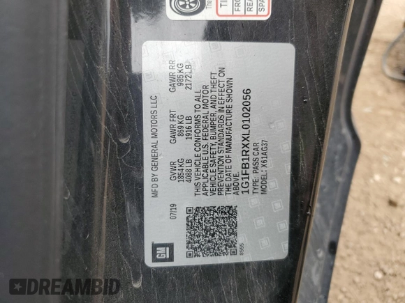 2020 Chevrolet Camaro 1LT with VIN 1G1FB1RXXL0102056, listed as a Copart auction lot 54196315 with 68,815 mi miles and Salvage title. Bid and sale history available at DreamBid. Image 13.