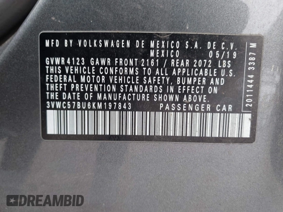 2019 Volkswagen Jetta S with VIN 3VWC57BU6KM197843, listed as a IAAI auction lot 42581482 with 133,607 mi miles and . Bid and sale history available at DreamBid. Image 9.