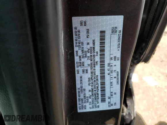 2022 Ford Ranger XL with VIN 1FTER4FH2NLD13816, listed as a Copart auction lot 56407565 with 95,729 mi miles and Salvage title. Bid and sale history available at DreamBid. Image 12.