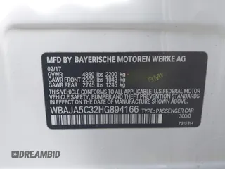 2017 BMW 5 Series 530i with VIN WBAJA5C32HG894166, listed as a IAAI auction lot 41962950 with 52,729 mi miles and . Bid and sale history available at carsss.com. Image 9.