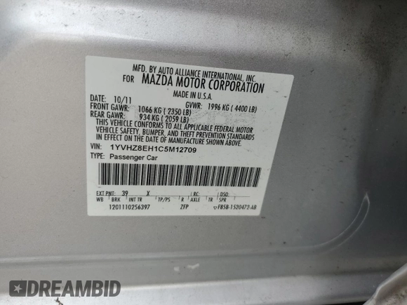 2012 Mazda 6 i Touring Plus with VIN 1YVHZ8EH1C5M12709, listed as a Copart auction lot 86147904 with 125,072 mi miles and Salvage Title. Bid and sale history available at carsss.com. Image 12.