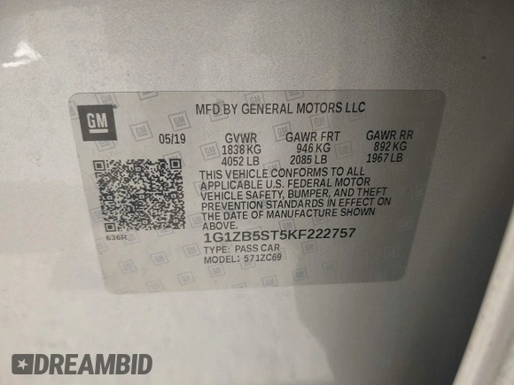 2019 Chevrolet Malibu LS with VIN 1G1ZB5ST5KF222757, listed as a IAAI auction lot 41846637 with 82,296 mi miles and . Bid and sale history available at DreamBid. Image 9.