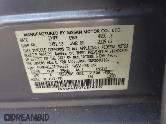 2007 Nissan Maxima SE z VIN 1N4BA41E07C844089, wystawiony jako IAAI lot #40477665 z przebiegiem 190 579 mil mil oraz . Historia ofert i sprzedaży dostępna na DreamBid. Obrazek 9.