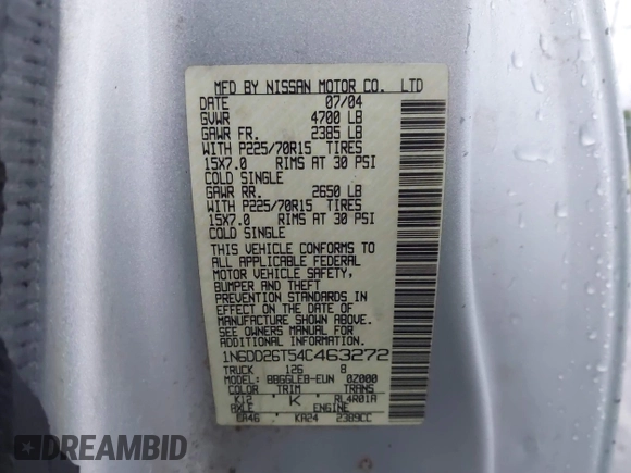 2004 Nissan Frontier XE with VIN 1N6DD26T54C463272, listed as a IAAI auction lot 41767050 with 182,587 mi miles and . Bid and sale history available at DreamBid. Image 9.