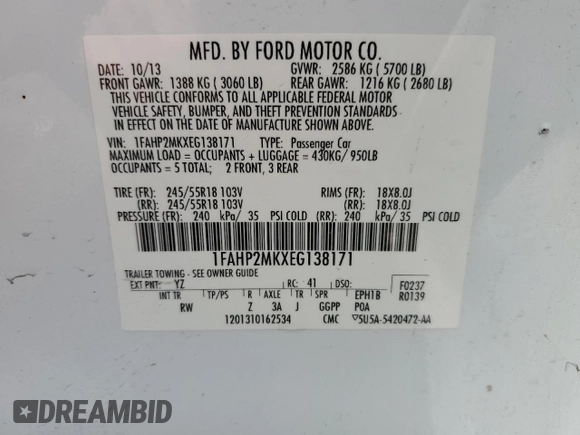2014 Ford Police Interceptor с VIN 1FAHP2MKXEG138171, выставлен на аукционе Copart как лот 54104765 с пробегом 65 286 миль миль и Чистый • Clean title. История ставок и продаж доступна на DreamBid. Изображение 12.