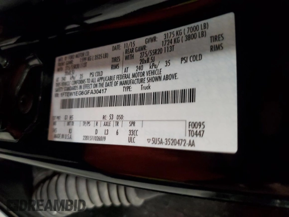 2016 Ford F-150 XLT with VIN 1FTEW1EG6GFA30417, listed as a Copart auction lot 62717765 with 125,726 mi miles and Salvage title. Bid and sale history available at DreamBid. Image 13.