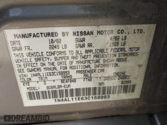 2003 Nissan Altima S with VIN 1N4AL11E63C158993, listed as a IAAI auction lot 41399813 with 193,428 mi miles and . Bid and sale history available at DreamBid. Image 9.