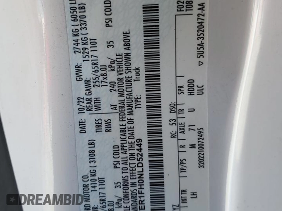 2022 Ford Ranger XL z VIN 1FTER1FH0NLD52449, wystawiony jako Copart lot #47117865 z przebiegiem Nie podano mil oraz Nie do naprawy • Non repairable. Historia ofert i sprzedaży dostępna na DreamBid. Obrazek 13.