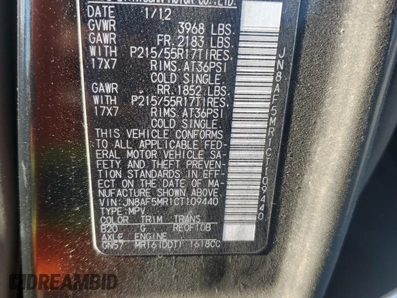 2012 Nissan Juke SV with VIN JN8AF5MR1CT109440, listed as a Copart auction lot 81833374 with 108,578 mi miles and Salvage Title. Bid and sale history available at carsss.com. Image 14.