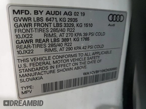 2019 Audi Q8 Prestige z VIN WA1CVBF10KD030860, wystawiony jako Copart lot #71538282 z przebiegiem 59 859 mil mil oraz . Historia ofert i sprzedaży dostępna na DreamBid. Obrazek 12.