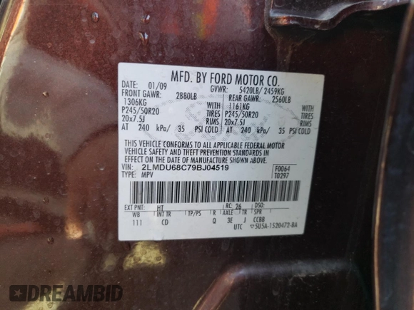 2009 Lincoln MKX with VIN 2LMDU68C79BJ04519, listed as a Copart auction lot 74599384 with 151,188 mi miles and Salvage Title. Bid and sale history available at carsss.com. Image 14.