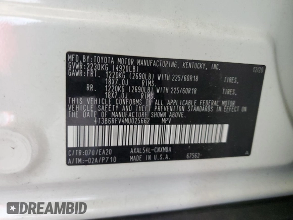 2021 Toyota RAV4 Hybrid LE with VIN 4T3B6RFV4MU025662, listed as a Copart auction lot 50709265 with 19,210 mi miles and Salvage Title. Bid and sale history available at carsss.com. Image 13.
