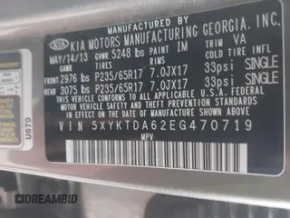2014 Kia Sorento LX with VIN 5XYKTDA62EG470719, listed as a IAAI auction lot 41804962 with 108,838 mi miles and . Bid and sale history available at carsss.com. Image 9.