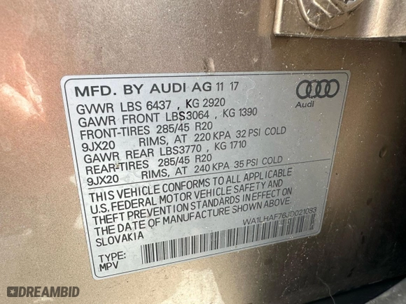 2018 Audi Q7 Premium Plus with VIN WA1LHAF76JD021083, listed as a Copart auction lot 52588465 with 136,722 mi miles and Clean Title. Bid and sale history available at carsss.com. Image 10.