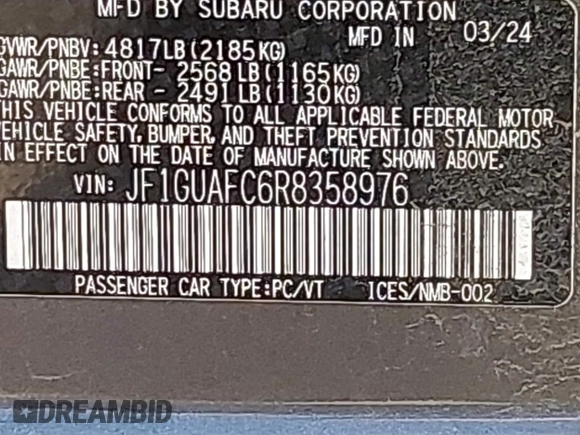 2024 Subaru Impreza Special Sports with VIN JF1GUAFC6R8358976, listed as a IAAI auction lot 42091271 with 6,747 mi miles and . Bid and sale history available at DreamBid. Image 9.