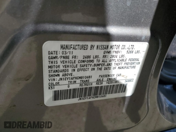 2012 Infiniti M Hybrid with VIN JN1EY1APXCM910481, listed as a Copart auction lot 52943285 with Not Provided miles and Salvage Title. Bid and sale history available at DreamBid. Image 13.