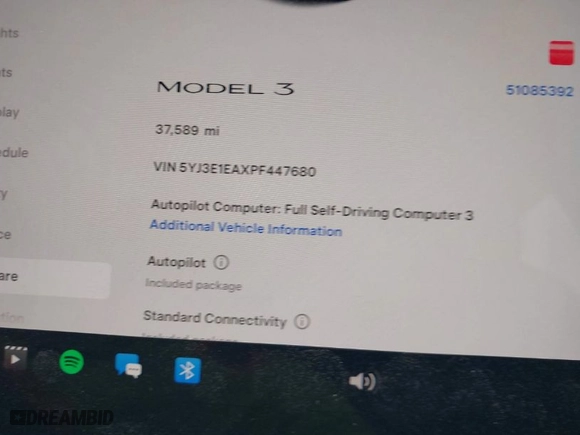 2023 Tesla Model 3 with VIN 5YJ3E1EAXPF447680, listed as a IAAI auction lot 41961496 with 37,589 mi miles. Bid and sale history available at carsss.com. Image 7.