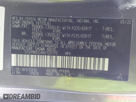 2022 Toyota Sienna XLE with VIN 5TDYRKEC4NS120170, listed as a IAAI auction lot 41630234 with 42,956 mi miles and . Bid and sale history available at DreamBid. Image 9.
