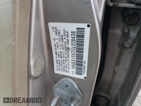 2002 Honda Civic LX with VIN 1HGES15572L028438, listed as a Copart auction lot 44297625 with 241,185 mi miles and Salvage Title. Bid and sale history available at DreamBid. Image 12.