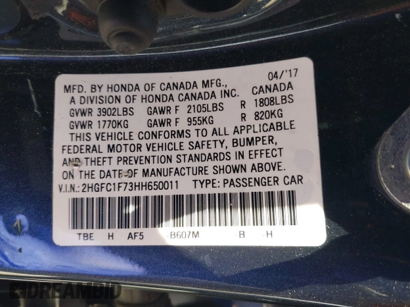 2017 Honda Civic EX-L with VIN 2HGFC1F73HH650011, listed as a IAAI auction lot 42459621 with 142,130 mi miles and . Bid and sale history available at DreamBid. Image 9.