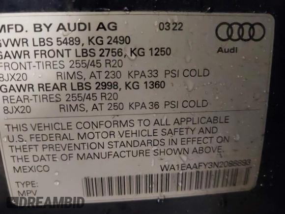 2022 Audi Q5 S line Premium Plus with VIN WA1EAAFY3N2088893, listed as a IAAI auction lot 41405327 with 35,566 mi miles. Bid and sale history available at carsss.com. Image 9.