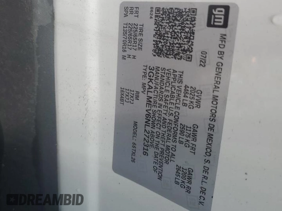 2022 GMC Terrain SLE z VIN 3GKALMEV6NL272316, wystawiony jako Copart lot #60375225 z przebiegiem 30 320 mil mil oraz Szkoda całkowita • Salvage title. Historia ofert i sprzedaży dostępna na DreamBid. Obrazek 14.