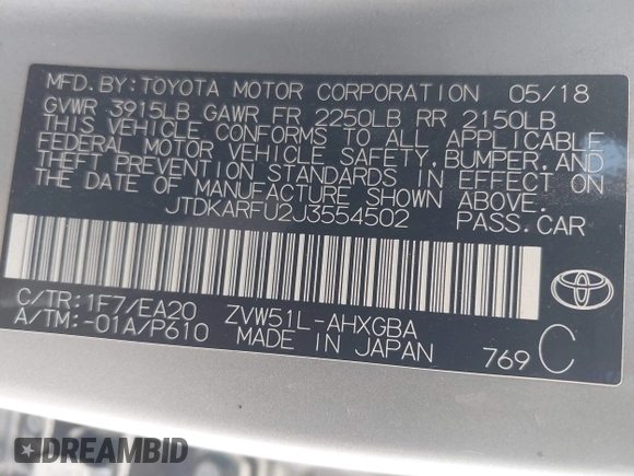2018 Toyota Prius Two with VIN JTDKARFU2J3554502, listed as a IAAI auction lot 41592780 with 119,210 mi miles. Bid and sale history available at carsss.com. Image 9.