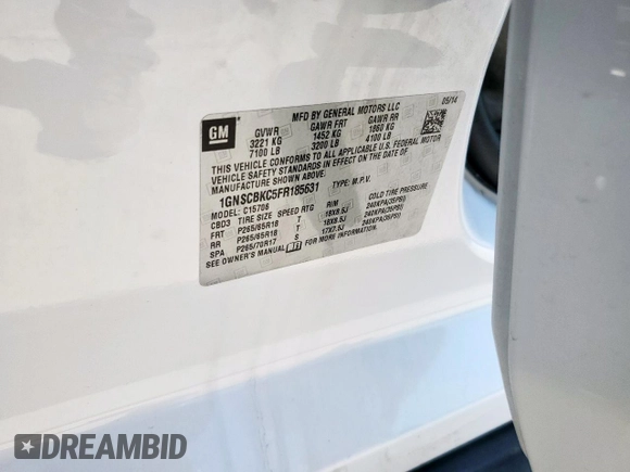 2015 Chevrolet Tahoe LT with VIN 1GNSCBKC5FR185631, listed as a Copart auction lot 60427395 with 125,616 mi miles and Clean title. Bid and sale history available at DreamBid. Image 13.