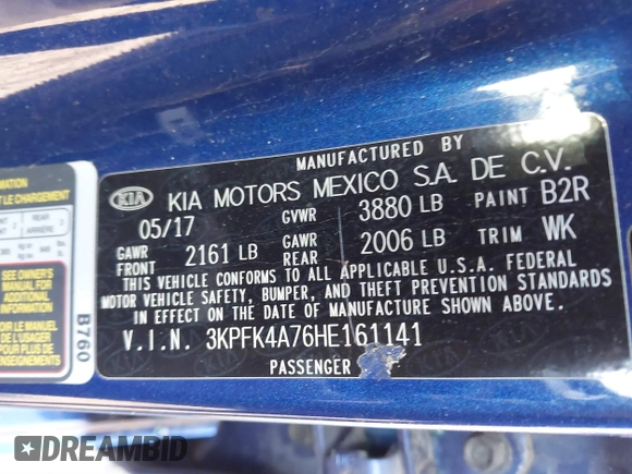 2017 Kia Forte LX with VIN 3KPFK4A76HE161141, listed as a IAAI auction lot 41856798 with 50,584 mi miles. Bid and sale history available at carsss.com. Image 9.