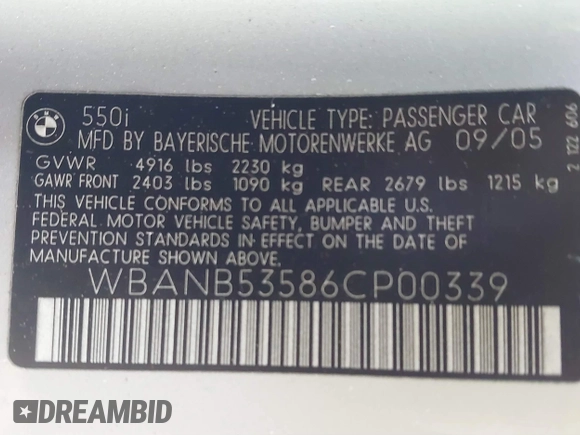 2006 BMW 5 Series 550i with VIN WBANB53586CP00339, listed as a IAAI auction lot 41583785 with 162,407 mi miles and . Bid and sale history available at DreamBid. Image 9.