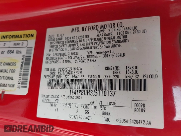 2018 Ford Mustang EcoBoost Premium with VIN 1FATP8UH3J5110137, listed as a IAAI auction lot 41868345 with 75,126 mi miles and . Bid and sale history available at DreamBid. Image 9.