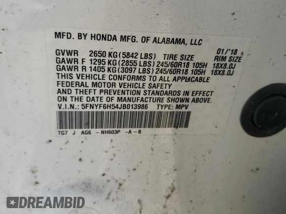 2018 Honda Pilot EX-L with VIN 5FNYF6H54JB013986, listed as a Copart auction lot 60743165 with 124,373 mi miles and Salvage title. Bid and sale history available at DreamBid. Image 13.