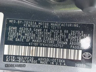 2012 Toyota Camry L with VIN 4T1BF1FK4CU040757, listed as a IAAI auction lot 42199739 with 251,109 mi miles and . Bid and sale history available at DreamBid. Image 9.