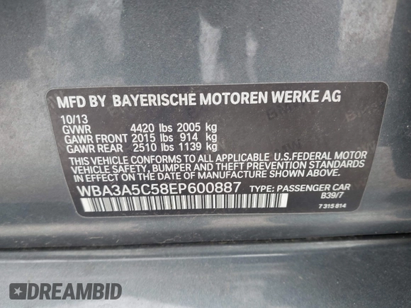 2014 BMW 3 Series 328i z VIN WBA3A5C58EP600887, wystawiony jako IAAI lot #42511539 z przebiegiem 137 055 mil mil oraz . Historia ofert i sprzedaży dostępna na DreamBid. Obrazek 9.