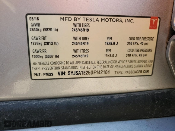 2016 Tesla Model S 90D with VIN 5YJSA1E25GF142104, listed as a Copart auction lot 50874815 with 84,917 mi miles and Salvage Title. Bid and sale history available at DreamBid. Image 12.