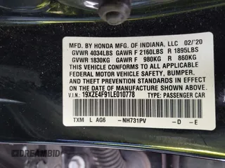 2020 Honda Insight Touring with VIN 19XZE4F91LE010778, listed as a IAAI auction lot 41430937 with 29,454 mi miles and . Bid and sale history available at carsss.com. Image 9.