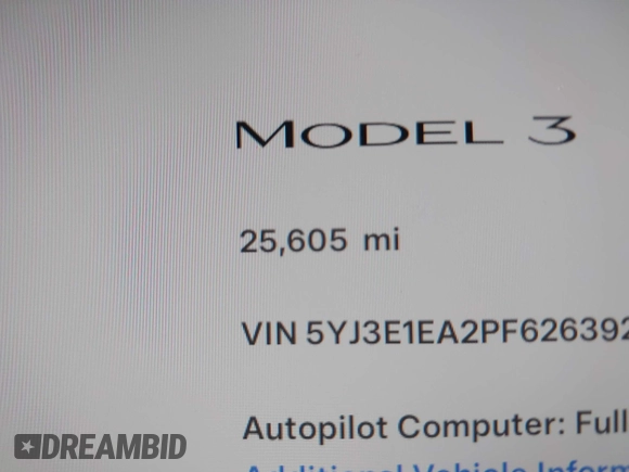 2023 Tesla Model 3 with VIN 5YJ3E1EA2PF626392, listed as a IAAI auction lot 42288413 with 25,605 mi miles and . Bid and sale history available at DreamBid. Image 15.