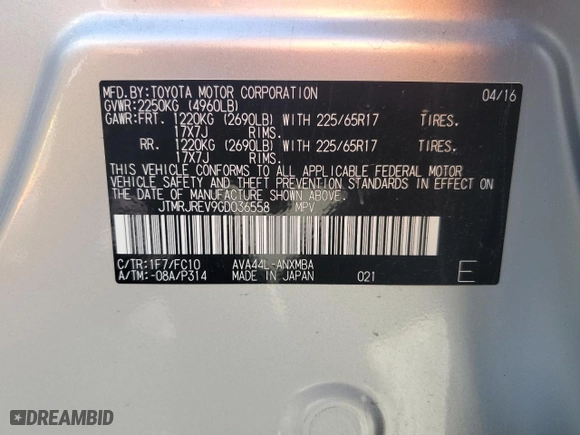 2016 Toyota RAV4 Hybrid XLE with VIN JTMRJREV9GD036558, listed as a Copart auction lot 50341975 with 80,348 mi miles and Salvage Title. Bid and sale history available at carsss.com. Image 14.