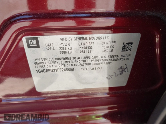 2015 Buick LaCrosse Leather with VIN 1G4GB5G31FF246868, listed as a IAAI auction lot 42174629 with 70,659 mi miles and . Bid and sale history available at DreamBid. Image 9.
