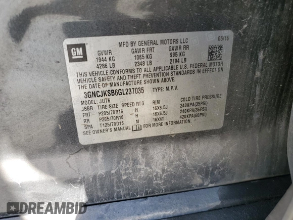 2016 Chevrolet Trax LS with VIN 3GNCJKSB6GL237035, listed as a Copart auction lot 50499105 with 157,542 mi miles and Salvage Title. Bid and sale history available at carsss.com. Image 15.