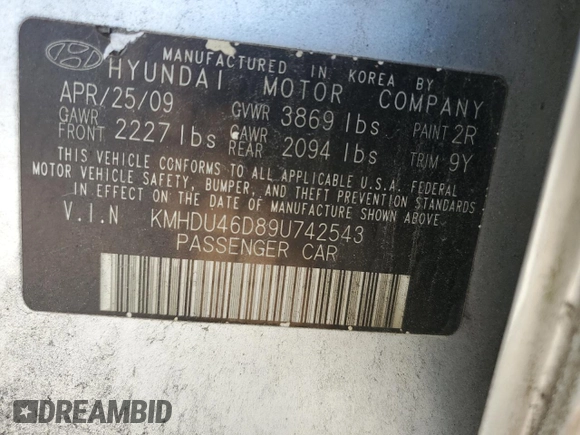 2009 Hyundai Elantra SE with VIN KMHDU46D89U742543, listed as a Copart auction lot 57424275 with 186,239 mi miles and Non repairable. Bid and sale history available at DreamBid. Image 12.