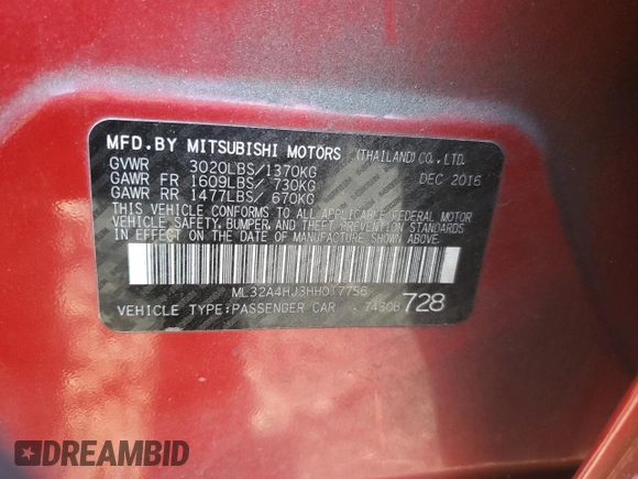 2017 Mitsubishi Mirage SE z VIN ML32A4HJ3HH017756, wystawiony jako Copart lot #42184615 z przebiegiem 124 678 mil mil oraz Szkoda całkowita • Salvage title. Historia ofert i sprzedaży dostępna na DreamBid. Obrazek 13.
