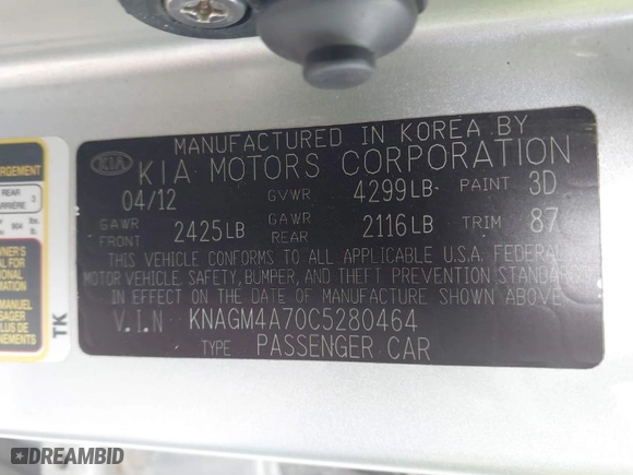 2012 Kia Optima LX with VIN KNAGM4A70C5280464, listed as a IAAI auction lot 41881578 with 141,494 mi miles. Bid and sale history available at carsss.com. Image 9.