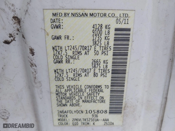2012 Nissan NV SV with VIN 1N6AF0LY0CN105808, listed as a IAAI auction lot 42031263 with 399,400 mi miles. Bid and sale history available at carsss.com. Image 9.