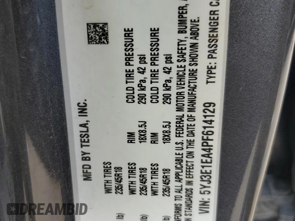 2023 Tesla Model 3 with VIN 5YJ3E1EA4PF614129, listed as a Copart auction lot 62019385 with 23,218 mi miles and Salvage title. Bid and sale history available at DreamBid. Image 12.