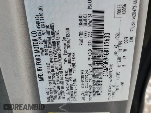 2016 Ford Fusion SE с VIN 3FA6P0H94GR112633, выставлен на аукционе Copart как лот 53830545 с пробегом 241 177 миль миль и Списание • Salvage title. История ставок и продаж доступна на DreamBid. Изображение 13.