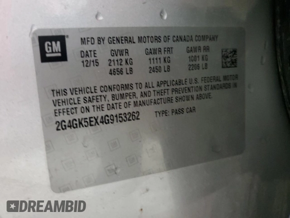 2016 Buick Regal with VIN 2G4GK5EX4G9153262, listed as a Copart auction lot 58265525 with 110,019 mi miles and Salvage title. Bid and sale history available at DreamBid. Image 12.