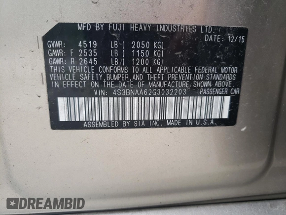 2016 Subaru Legacy 2.5i with VIN 4S3BNAA62G3032203, listed as a Copart auction lot 63214875 with 113,590 mi miles and Salvage title. Bid and sale history available at DreamBid. Image 12.