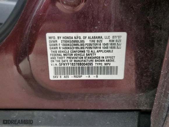 2008 Honda Pilot SE with VIN 5FNYF18378B004095, listed as a Copart auction lot 54382175 with 285,608 mi miles and Clean Title. Bid and sale history available at carsss.com. Image 12.