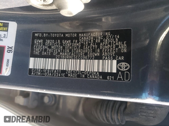 2014 Toyota Corolla L z VIN 2T1BURHE5EC096772, wystawiony jako Copart lot #61575285 z przebiegiem 228 755 mil mil oraz Szkoda całkowita • Salvage title. Historia ofert i sprzedaży dostępna na DreamBid. Obrazek 12.